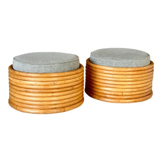 Vintage Ten Strand Stacked Rattan Ottomans-Pair For Sale