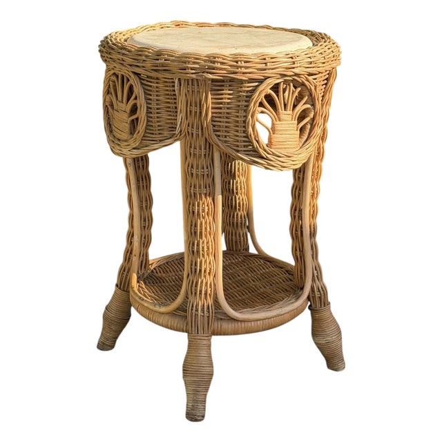 Vintage Sculptural Rattan Side Table With Tessellated Travertine Inlay For Sale