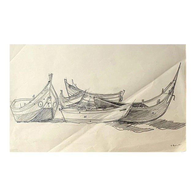 Boats - Original Pencil Drawing - Mid 20th Century Mid 20th Century For Sale