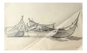 Boats - Original Pencil Drawing - Mid 20th Century Mid 20th Century