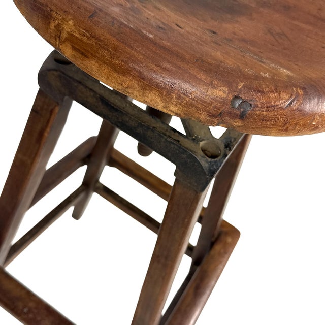 Antique 1910s 30" Tall Industrial Architect's Draftsman Stool - Adjustable Wood & Cast Iron Swivel Seat For Sale - Image 15 of 18