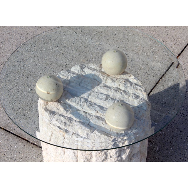 Vintage 1980s Postmodern Mactan Fossil Stone Round Side Table With Glass Top - Coastal Style For Sale - Image 10 of 12
