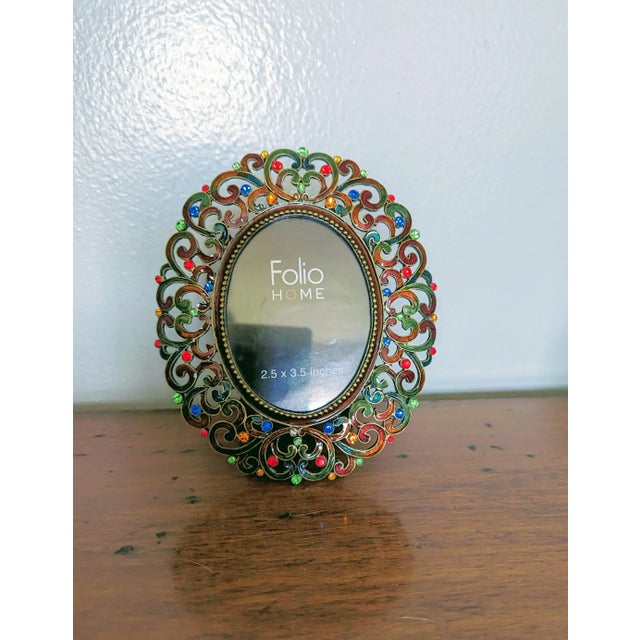 1990s Vintage Enamel Picture Frame With Crystals For Sale - Image 5 of 5