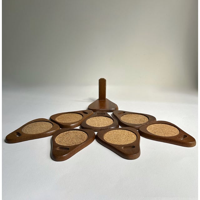 Mid 20th Century Scandinavian Teak & Cork Coasters With Stand - 8 pcs For Sale - Image 12 of 14