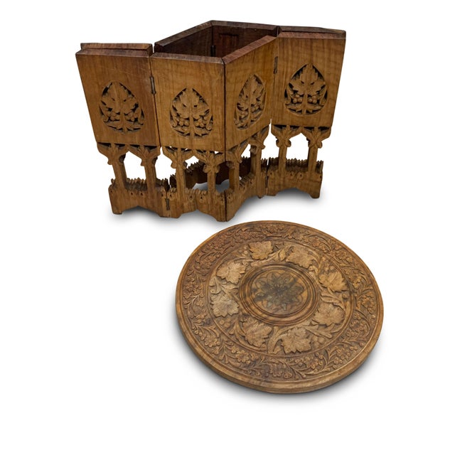 Antique Middle Eastern Circular Carved Side Table with Brass Inlay For Sale - Image 3 of 7