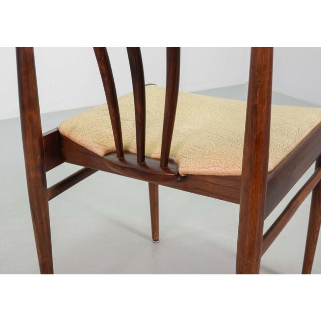 Scandinavian Wood Spindle Back Dining Chairs with Caramel Leatherette Upholstery, 1970s, Set of 4 For Sale - Image 4 of 16