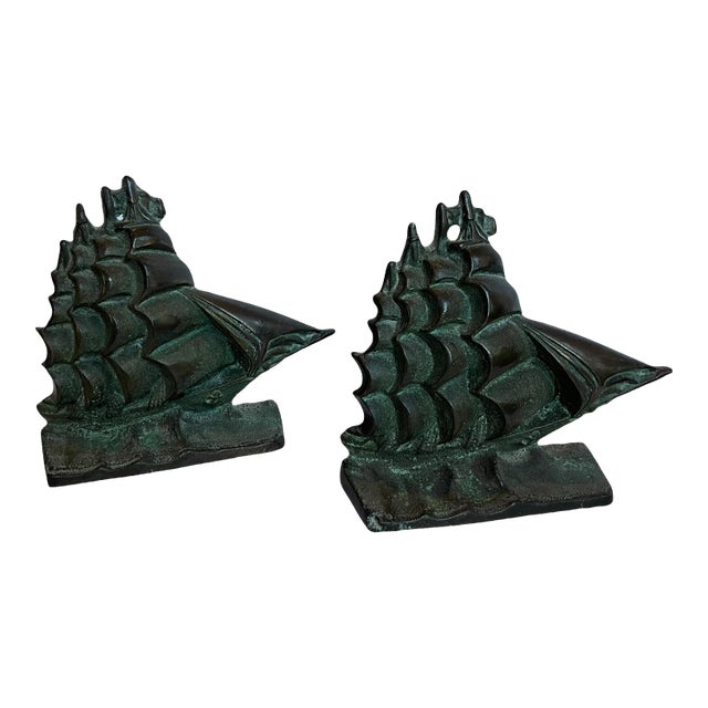 Late 19th Century Turn of the Century Sculpted Bronze Ship Antique Bookends - Set of 2 For Sale
