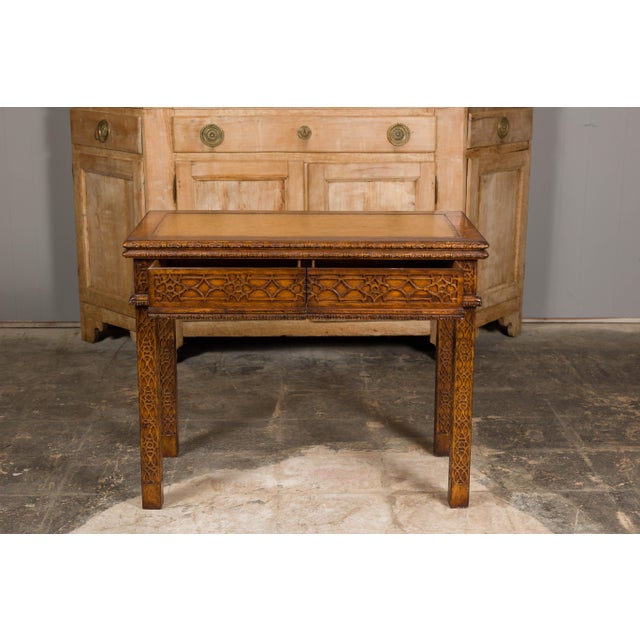 Mid 20th Century English Midcentury Game Table with Leather Top and Abundant Carved Décor For Sale - Image 4 of 12