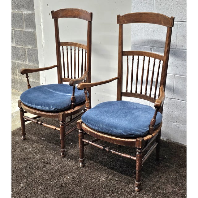 Wood Pair 19th Century French Provincial Beechwood and Fruitwood & Rush Seat High-Back Armchairs For Sale - Image 7 of 12