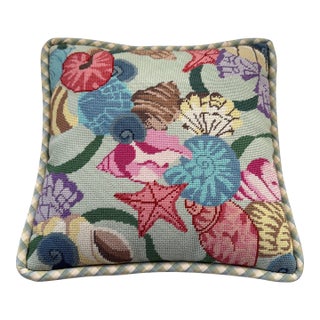 Vintage Needlepoint Seashell and Starfish Decorative Pillow For Sale