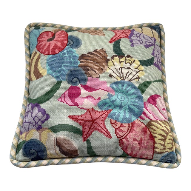 Vintage Needlepoint Seashell and Starfish Decorative Pillow For Sale