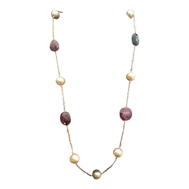 South Sea Pearl Sapphire Ruby 14 Karat Necklace Italy Certified For Sale