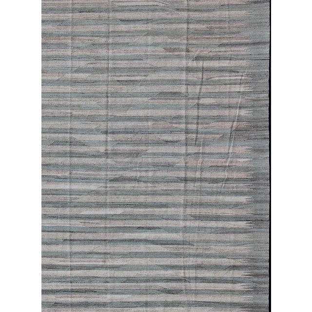 Flat-weave Kilim rug with stripes with modern design in shades of blue, taupe gray and ivory, Keivan Woven Arts rug...