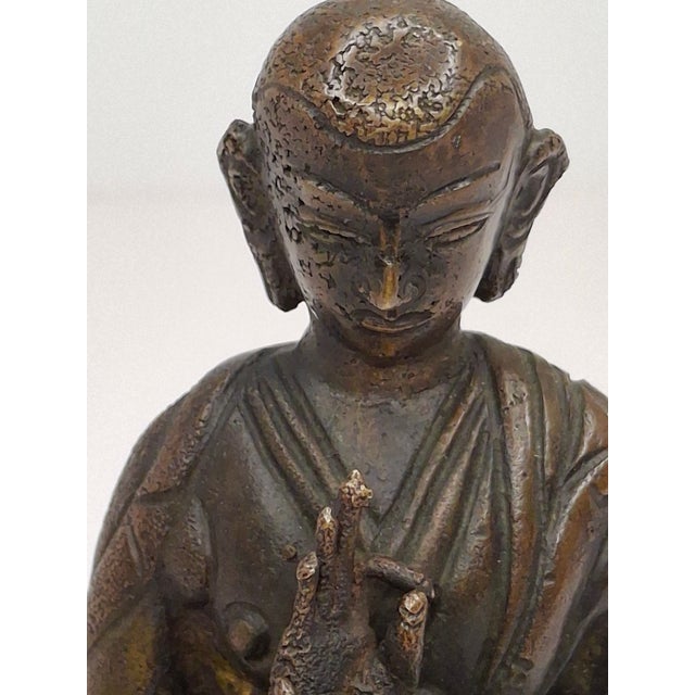 Bronze 18thC Tibetan Bronze Lama Statue - Heavy 10oz Portrait Monk Dharmachakra Mudra For Sale - Image 8 of 18