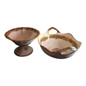 1960s Limoges France Handpainted Porcelain & 22k Gold Trims Bowl & Compote Set- 2 Pieces