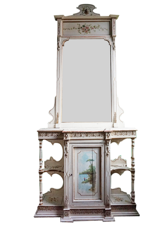 French Hand-Painted Console Table with Mirror and Floral Painting, 1900s