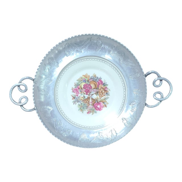 Vintage Triumph Imperial Victorian Limoges Fruit Floral 22k White Gold Plate Farberware Aluminum Tray For Sale