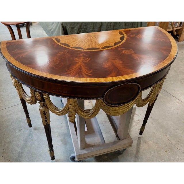 Wood 20th-C. Georgian Style Inlaid Mahogany & Giltwood Demilune Console Table by Maitland-Smith For Sale - Image 7 of 7