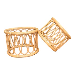 1970s Rattan Bamboo Plant Stand Base Set of 2 Decor For Sale