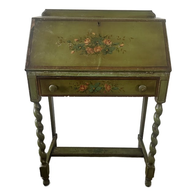 Folk Art Hand-Painted Green Secretary Desk With Floral Motif and Twisted Legs For Sale