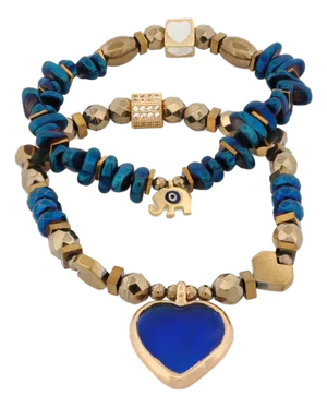 Heart & Luck Blue Murano & Elephant Charm Bracelet Set