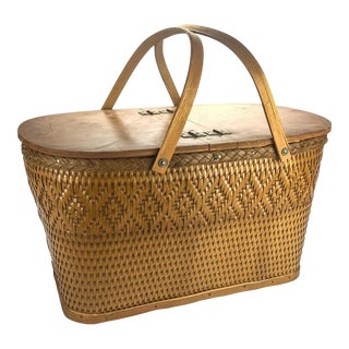 Large Vintage Rattan and Wood Lidded Picnic Basket For Sale