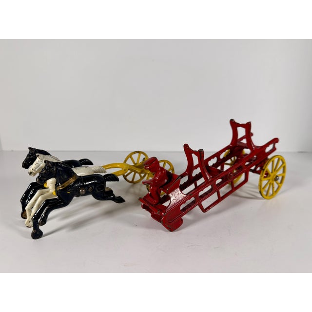 Red Cast Iron Horse Drawn Fireman Ladder Wagon For Sale - Image 8 of 10