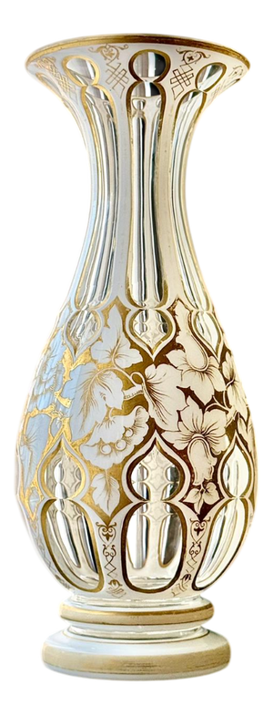 Antique Bohemian White Overlay Gilded Glass Vase, 1800s