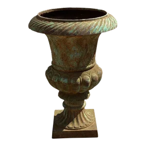 Cast Iron 32" French Green Campana Urn Form Basketweave Garden Outdoor Planter
