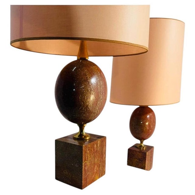 A superb pair of Italian red travertine marble lamps by Philippe Barbier, produced by Maison Barbier in France in the...