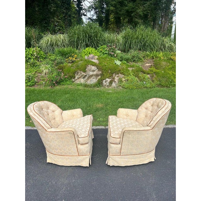 Metal Pair of Tufted Button Back Swivel Chairs in a Cream Color With Brown Piping For Sale - Image 7 of 18