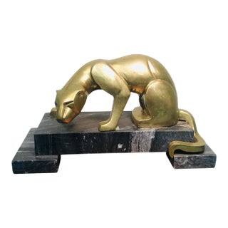1970s Modernist Cubist Cast Brass Panthers on Black Marble Bases - a Pair For Sale