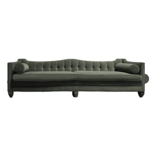 Scalloped Channel-Tufted Tuxedo Sofa - Sage Green Velvet - 107" For Sale