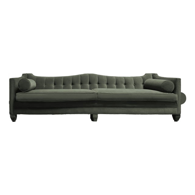Scalloped Channel-Tufted Tuxedo Sofa - Sage Green Velvet - 107" For Sale