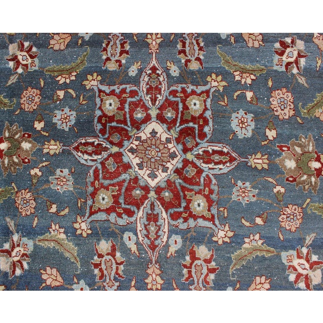 Antique Persian Tabriz Rug With Floral Medallion Design in Steel Blue & Red 6'10 X 9'10 For Sale In Atlanta - Image 6 of 12