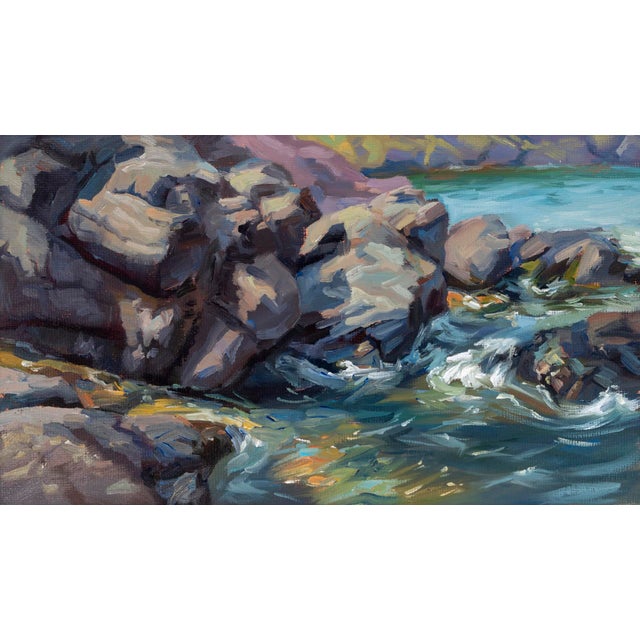 Presque Isle (Day 76) July 17 by Primary Hughes | Oil on canvas board Rocks by water's edge. For Sale