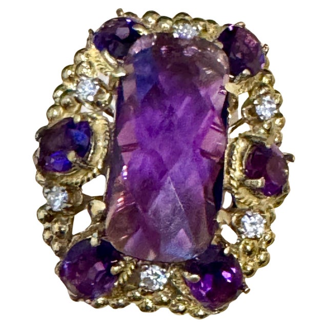 Huge Checker Board Cushion Cut Natural Amethyst Cocktail Ring 14KYG, 19.2gm For Sale - Image 17 of 18