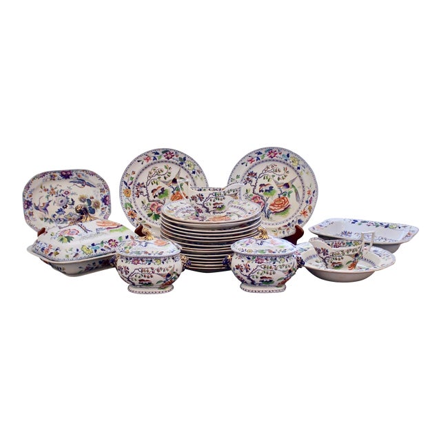 Set of English Ironstone Porcelain “Flying Bird” Pattern Dinner Service- 24 Pieces For Sale