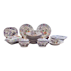Set of English Ironstone Porcelain “Flying Bird” Pattern Dinner Service- 24 Pieces