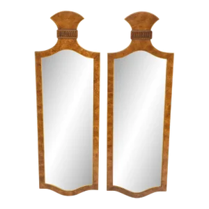 Pair of Decorative Figural Shape Burl Wall Mirrors Mid Century Modern