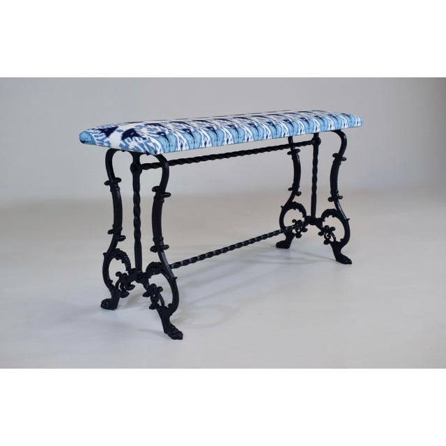 Metal Antique Cast Iron Window Bench, Victorian, Ikat Upholstery, Usa For Sale - Image 7 of 11