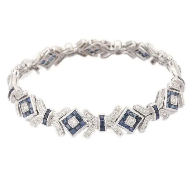 Art Deco 18kt Solid White Gold Diamond and 10.90 Ct Blue Sapphire Bracelet For Sale - Image 4 of 12