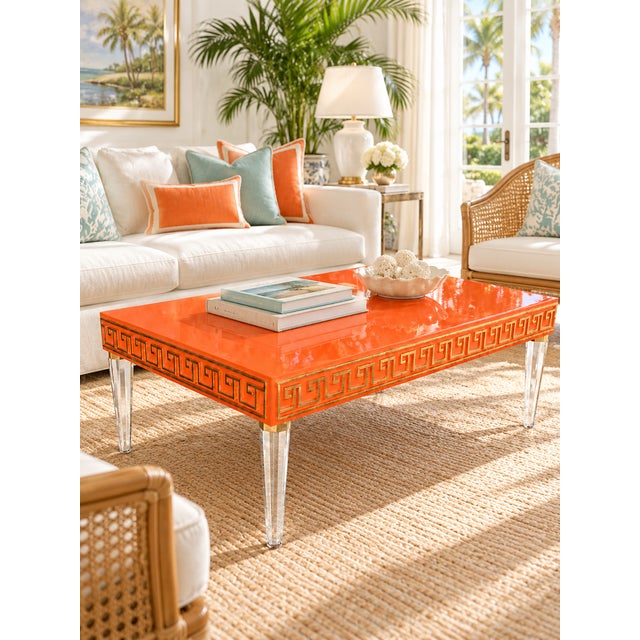One-of-a-Kind Electric Orange Coffee Table with Gold Leaf and Lucite Legs Designed and handcrafted by artist Julio...