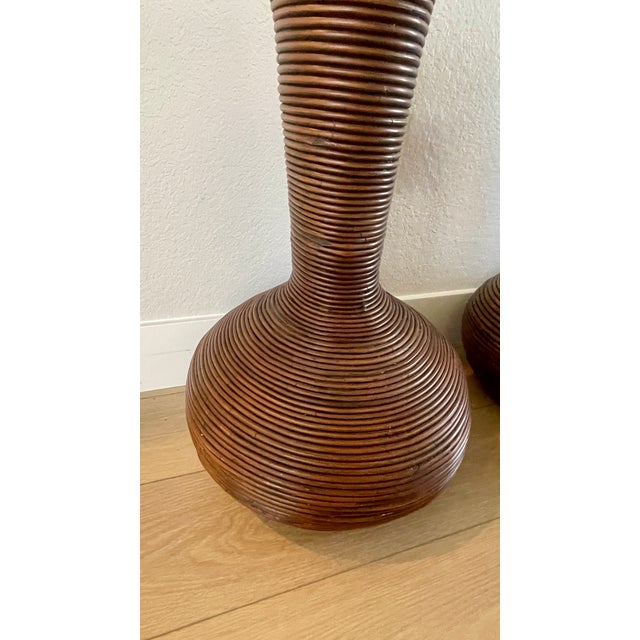 Wood Vintage 1970's Gabriella Crespi Style Pencil Reed Rattan Floor Vases Urns- A Pair For Sale - Image 7 of 14