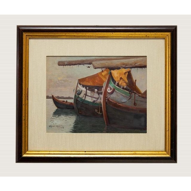 Ships is an original painting realized by Bruno Croatto in 1938. Signed and datet by the Artist at bottom left. Includes a...