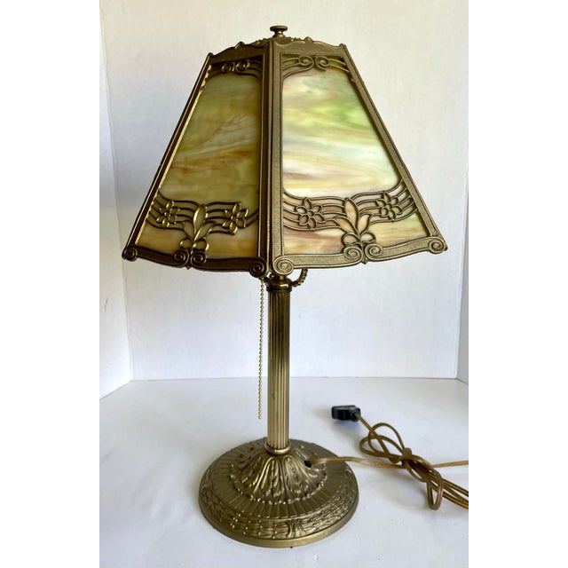 Late 19th Century Antique Edward Miller E. M. Co. Green & Custard Slag Glass Table Lamp For Sale - Image 5 of 12