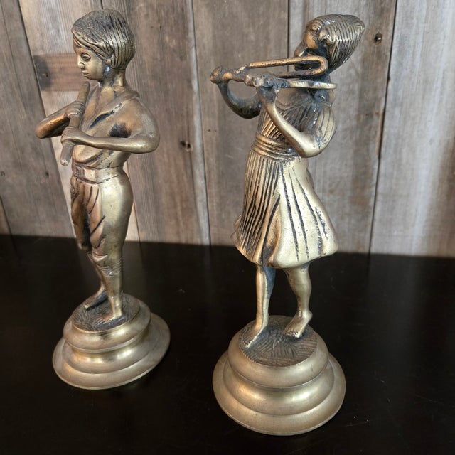 Art Nouveau Cast Brass Bronze Musicians Playing Violin / Flute Pair Vintage Patina For Sale - Image 3 of 12