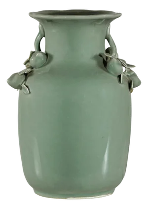Celadon Glazed Ceramic Vase with Applied Fruit and Foliate Decoration and Scalloped Rim