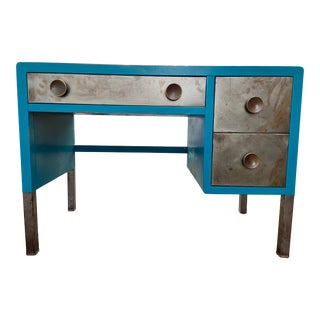 1940s Norman Bel Geddes Style Patina Art Deco Metal Desk For Sale