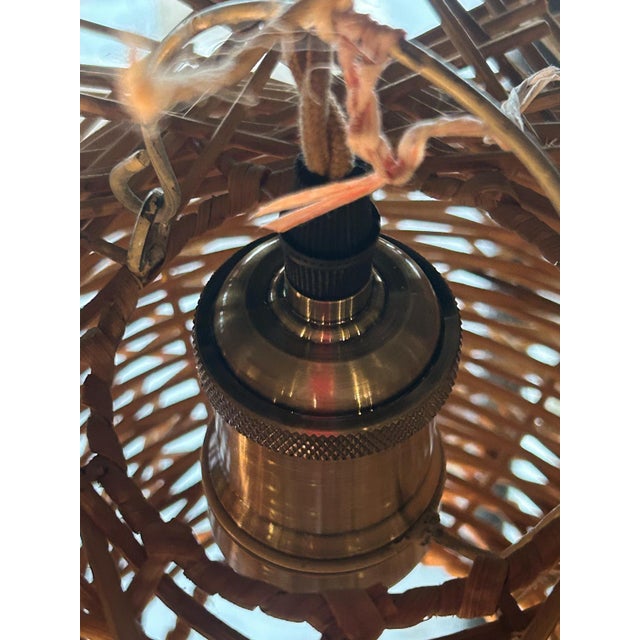 Wood Pair of Small Cylindrical French Rattan Pendant Lights For Sale - Image 7 of 11